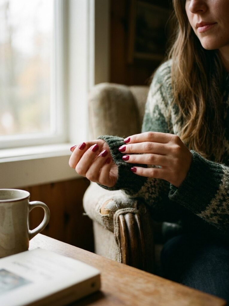 Deep berry manicure on hands holding a chunky autumn sweater sleeve.