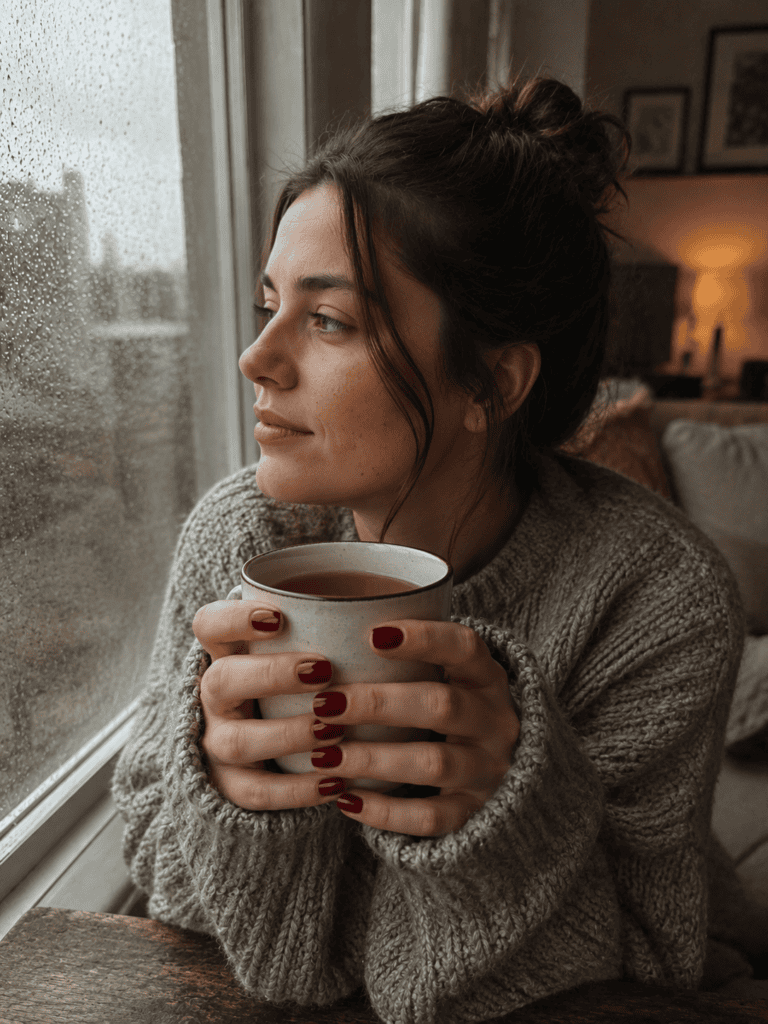 Muted cherry red nails holding a warm mug by a rainy window