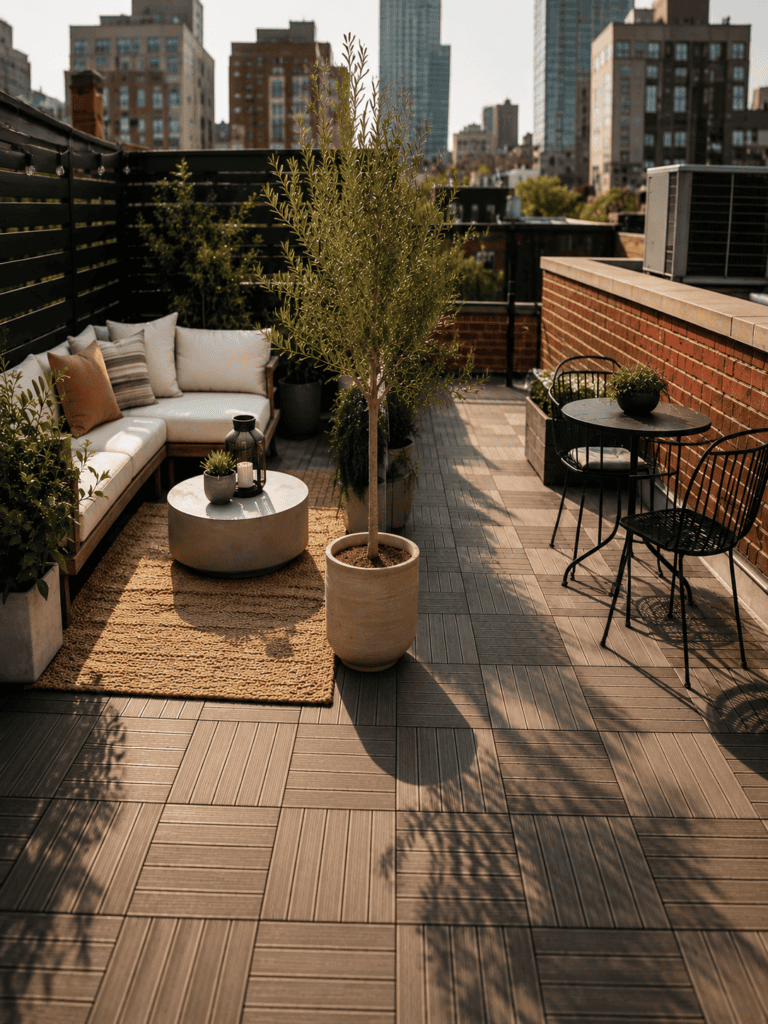 Small American rooftop deck split into a lounge zone and a dining zone with a clear path between