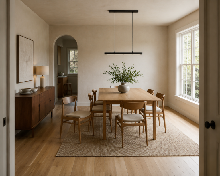 Sunlit dining room with a light oak table for six under a linear pendant, a flat-weave rug and a slim sideboard.