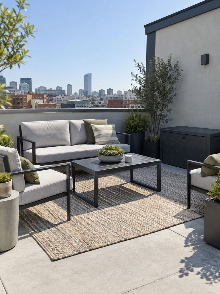 Outdoor rug, metal seating and removable cushions arranged on an exposed rooftop