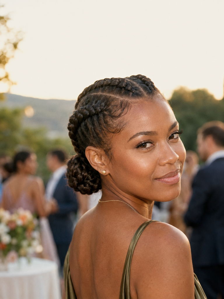 Girl wearing double Dutch braids at an outdoor gathering.
