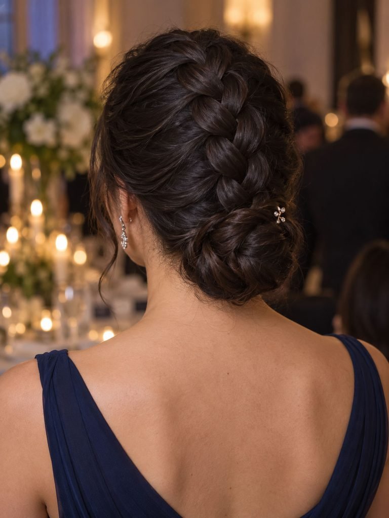 Raised Dutch braid flowing into a compact low bun at the nape