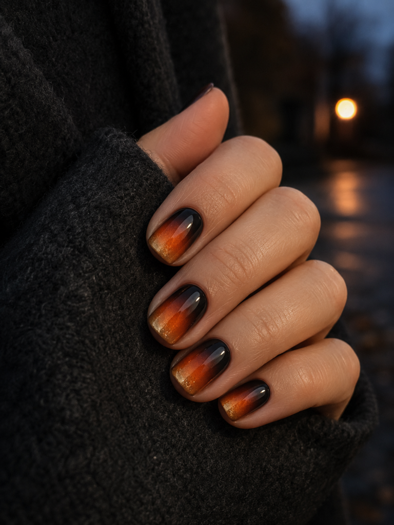 Short square nails painted with a gradient from black at the cuticle through burnt orange to gold at the tips.