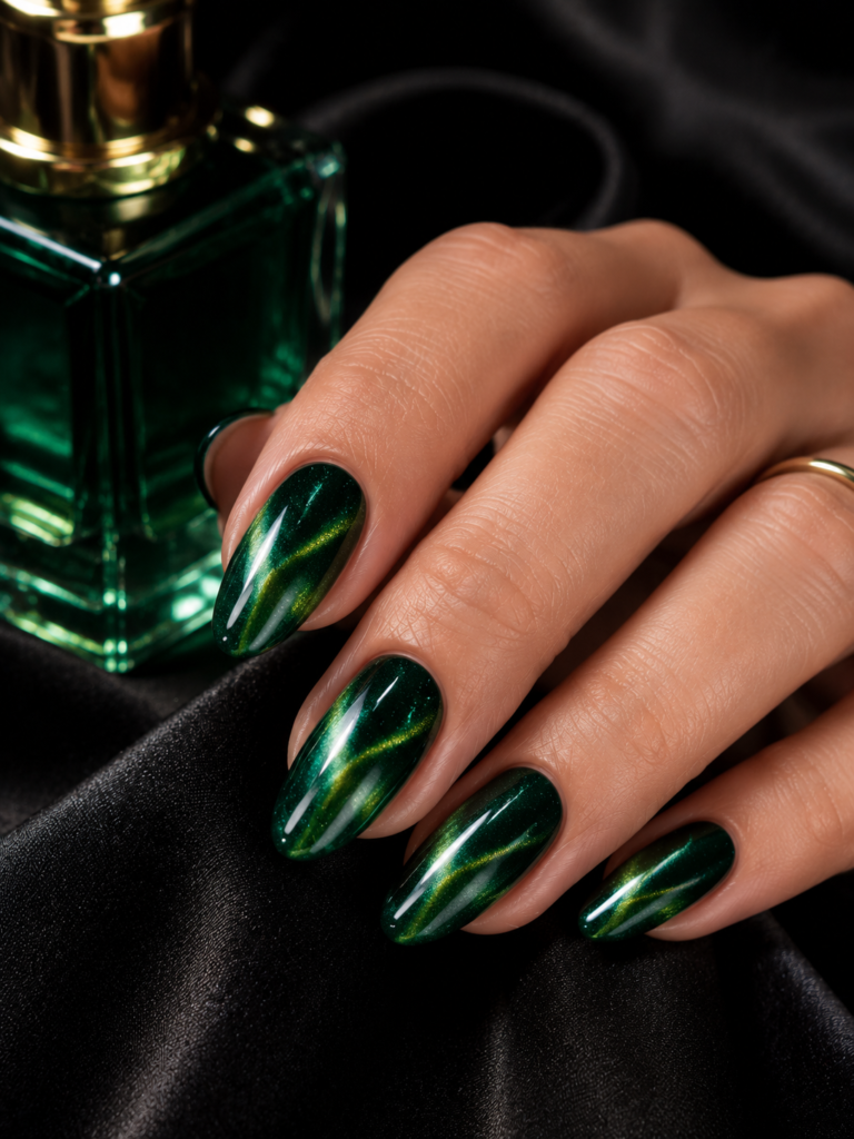 Emerald green cat eye nails with diagonal jewel like magnetic light.