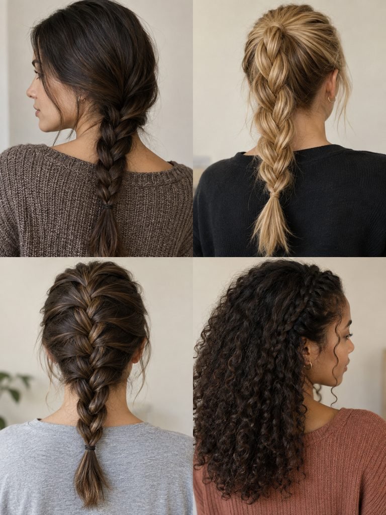 Several women wearing simple side, ponytail, French, and accent braids