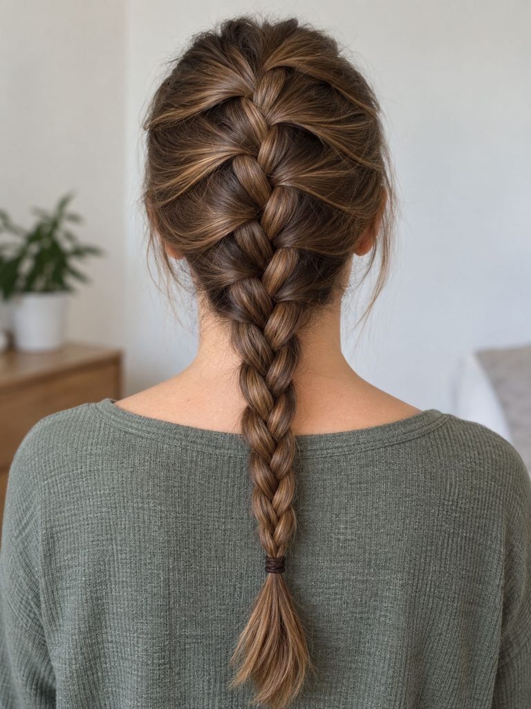 Single French braid adding hair from the crown down to the nape