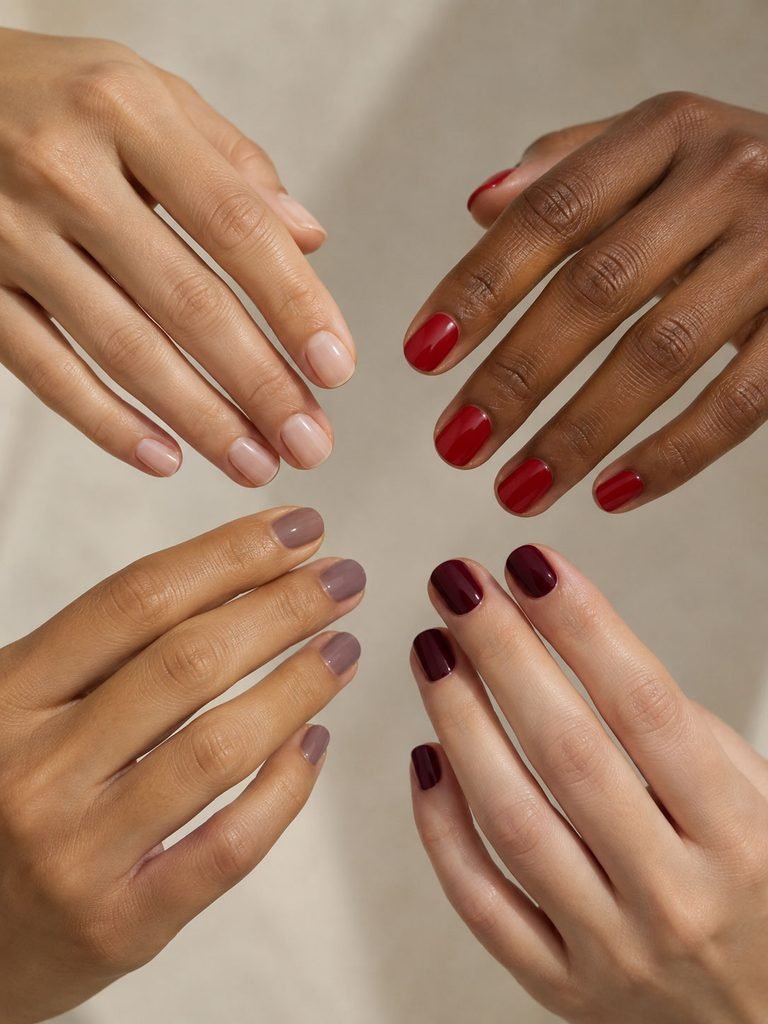 Four realistic manicures in sheer nude, red, mauve, and deep berry