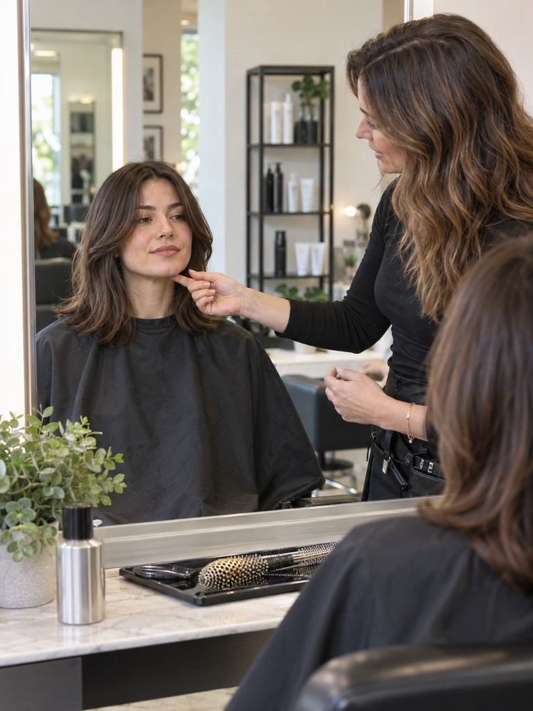 Woman and hairstylist discussing the starting point for face framing layers