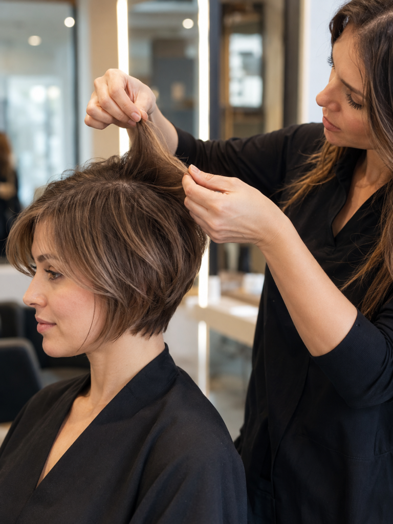 Woman hair with good density and fine hair choosing a bixie haircut.