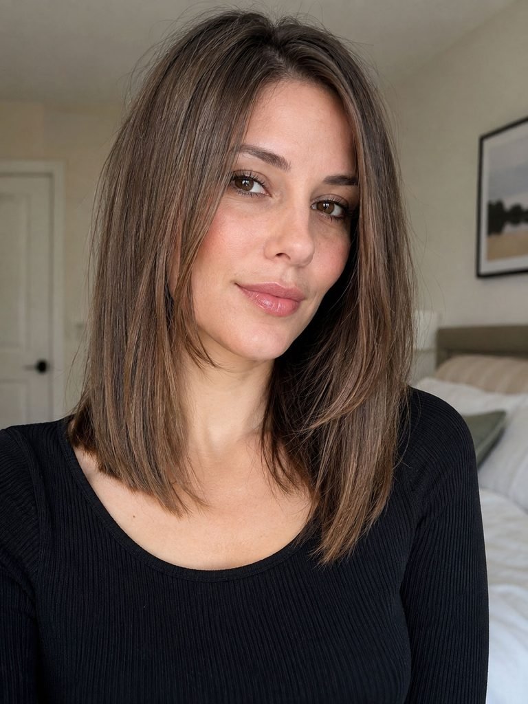 Fine medium length hair with a full perimeter and narrow chin length face framing