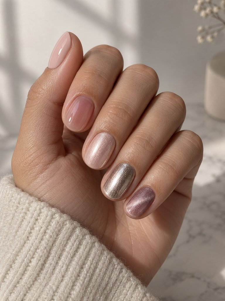 Short nails showing cream, sheer, pearl, metallic, and magnetic finishes