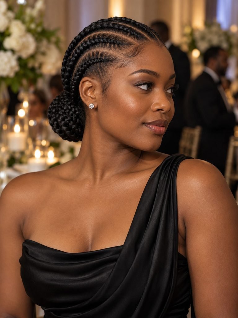 Medium cornrows directed into a low formal bun with a comfortable natural hairline