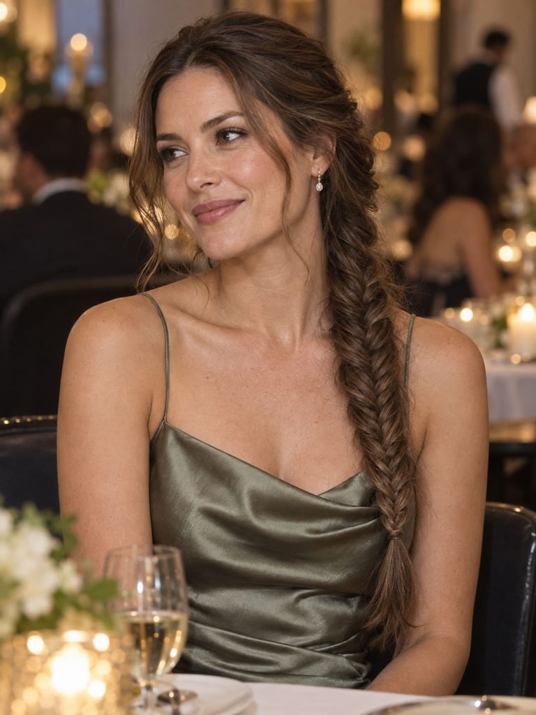Long fishtail braid worn over one shoulder with a softly finished crown