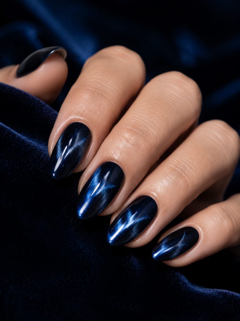 Midnight blue cat eye nails with shifting silver and icy blue beams.