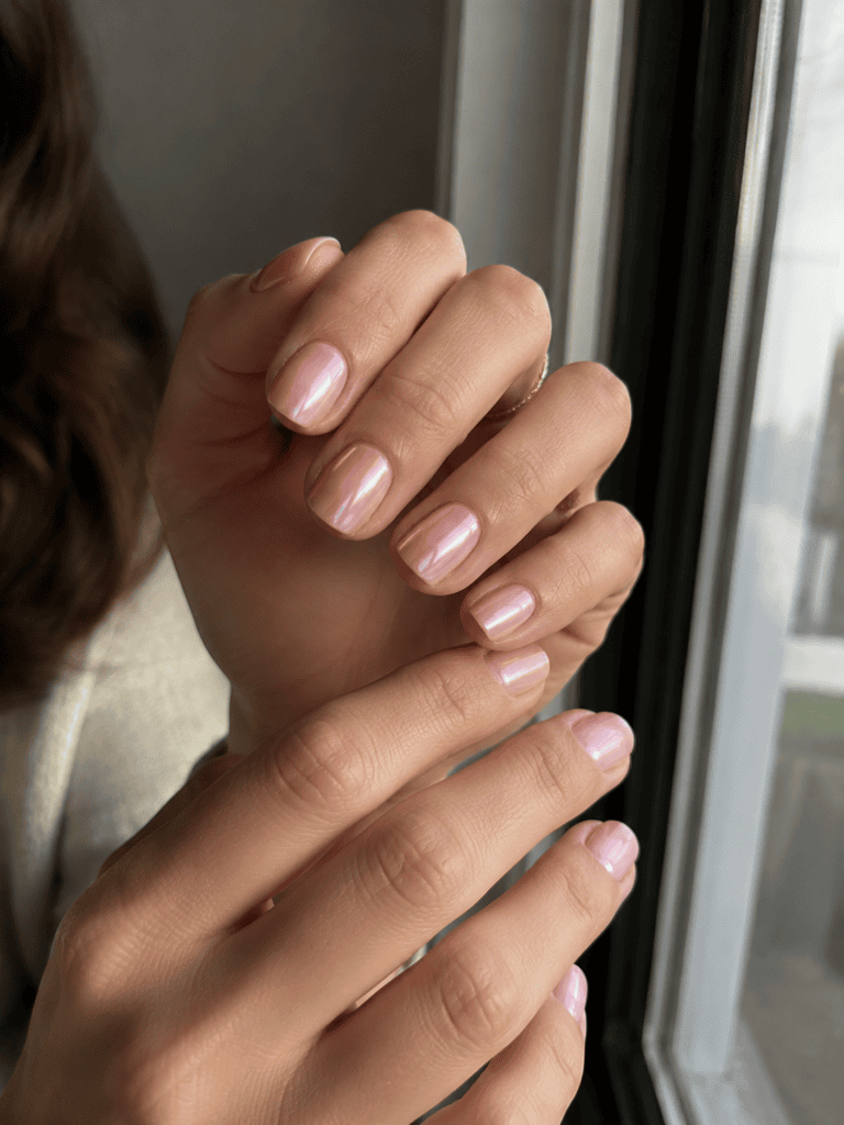 Glazed pearl finish over soft pink nails shimmering in window light