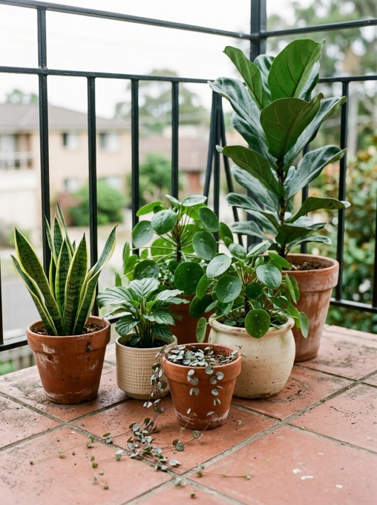 A cluster of five plants at different heights grouped for an intentional balcony display