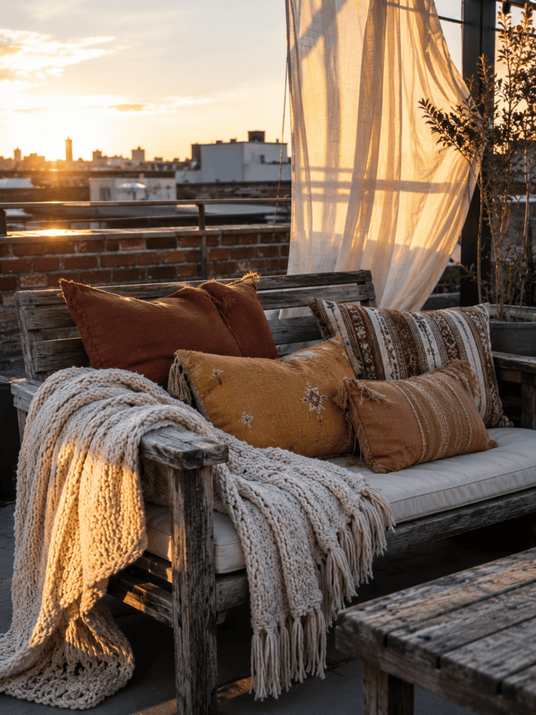 Layered throws, cushions, and a billowing sheer curtain styling a rooftop bench