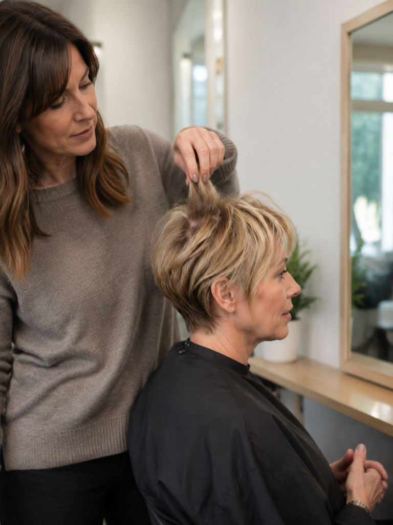 Stylist lifting a section of hair at a client's crown during a consultation about a short layered cut.