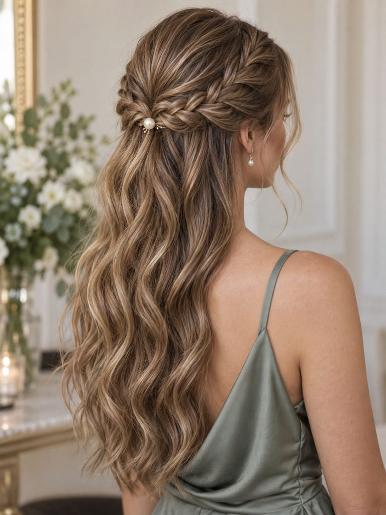 Half-up braided hairstyle joining at the back above long soft waves