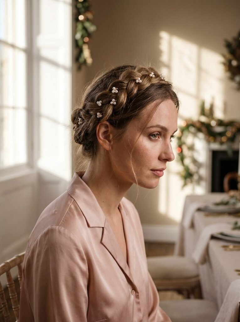 Woman wearing a halo braid with delicate pearl accessories.