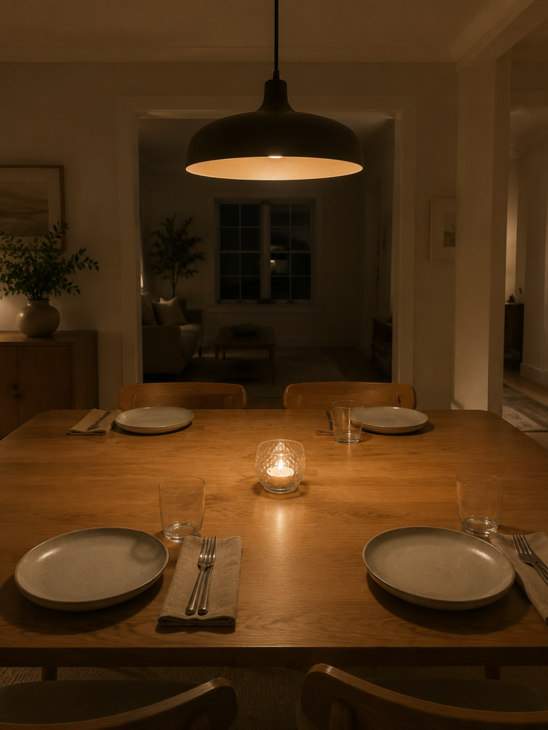 View across a dining table at dusk with a warm pendant light above and an unobstructed sightline to the chairs opposite.