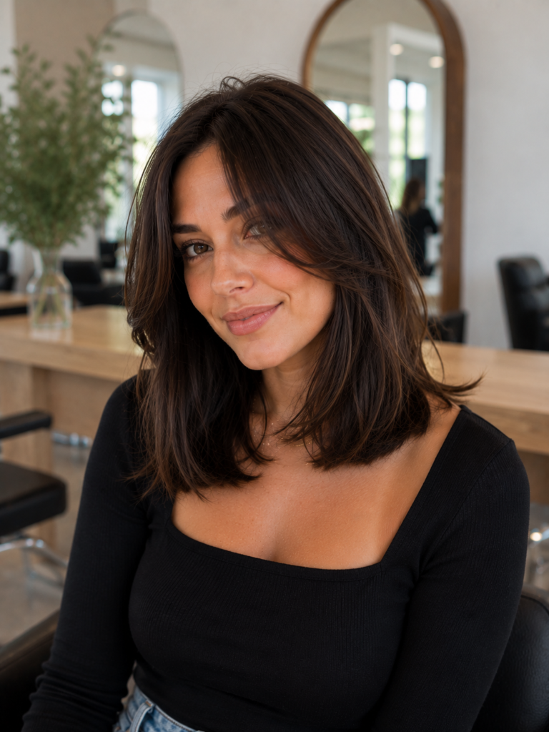 Thick medium-length hair with hidden internal layers and long face-framing pieces.