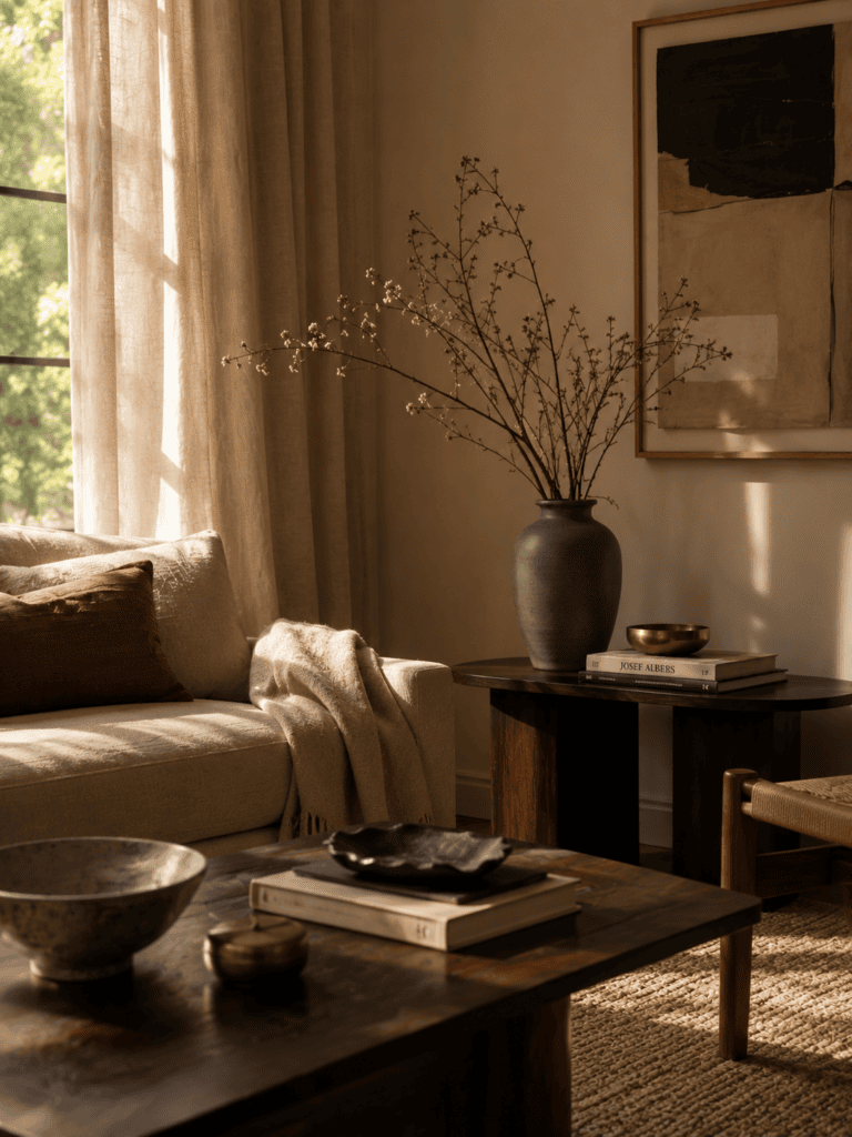 Warm neutral living room with dark wood furniture and layered textiles