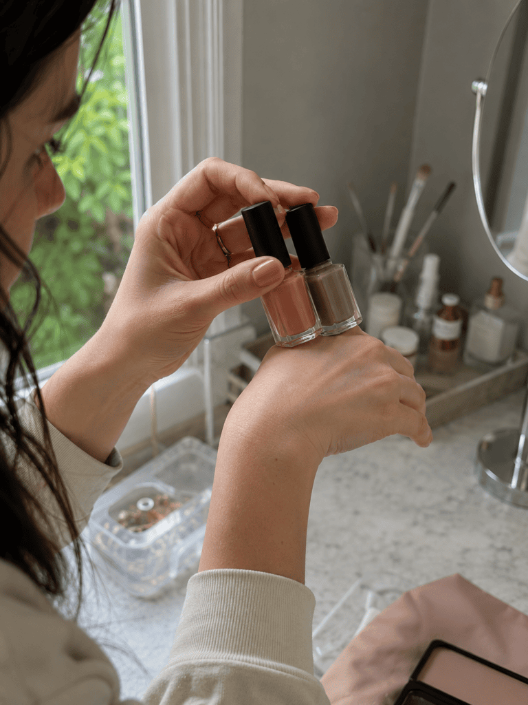 Woman comparing nail polish shades against her hand in natural light