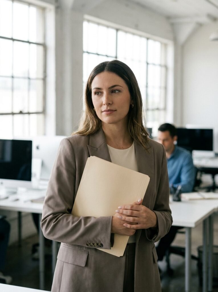 Woman in a corporate office holding a folder with a neat neutral manicure