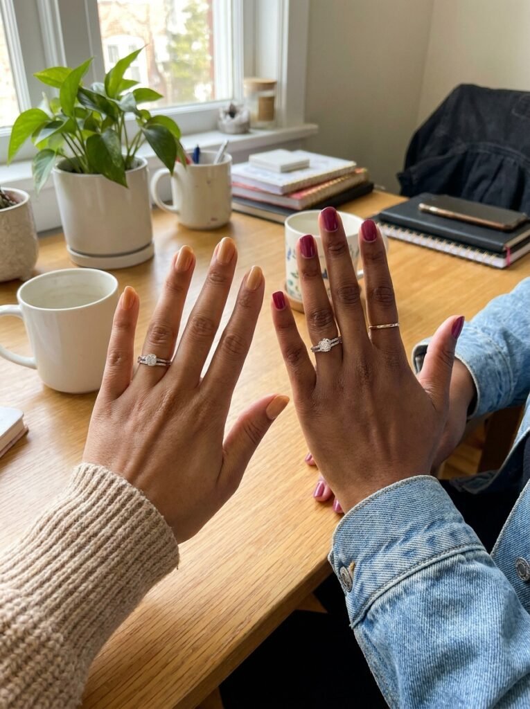 Two women comparing warm and cool toned manicures side by side in daylight.