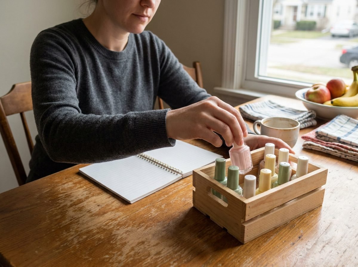Woman sorting seasonal nail polish bottles at a kitchen table while planning her collection