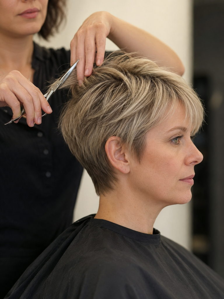 Fine hair bixie haircut with stacked crown layers, solid perimeter, and shorter back for natural volume and fullness.