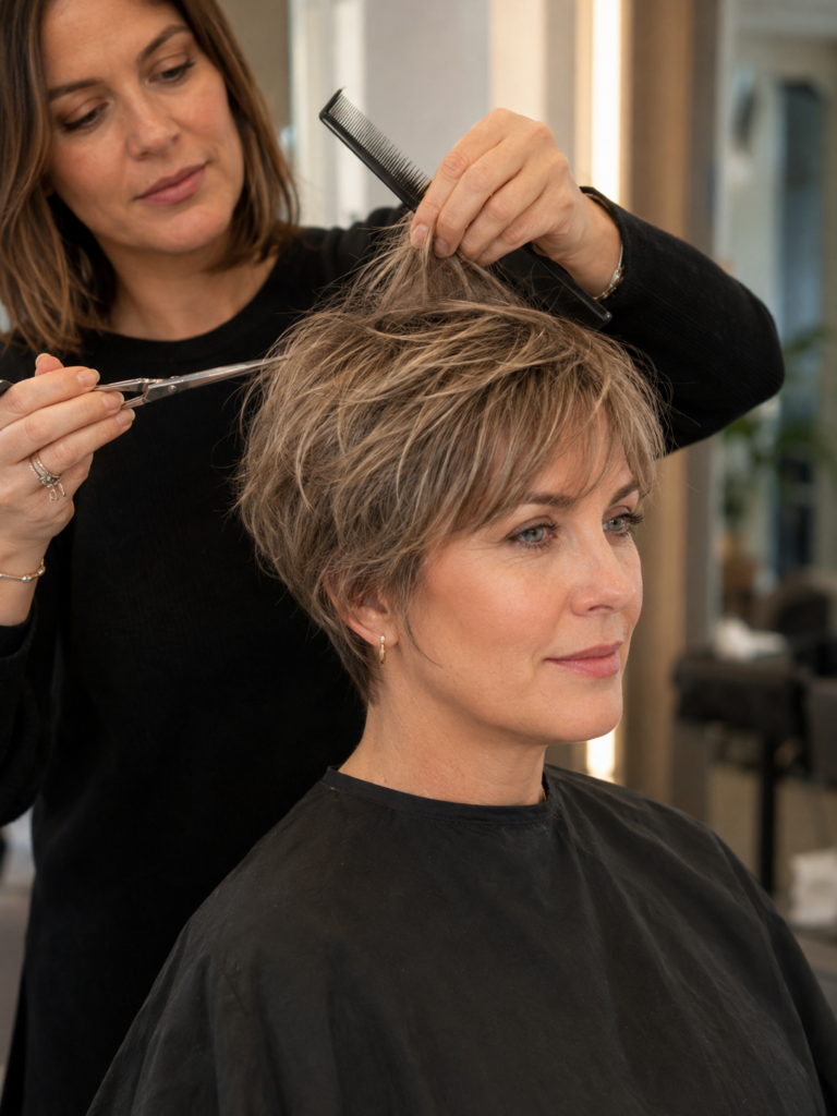 Fine hair bixie growing out with flatter crown layers and heavier sides during a salon maintenance trim.