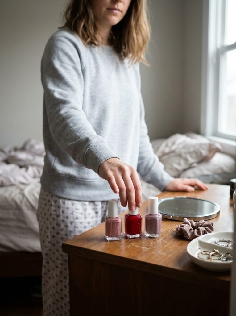 Woman choosing between nude, red and mauve polish bottles on a bedroom dresser.
