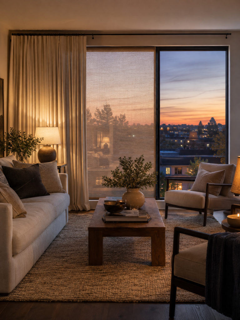 Living room with curtains, a woven shade, and an uncovered window showing different window treatment options.