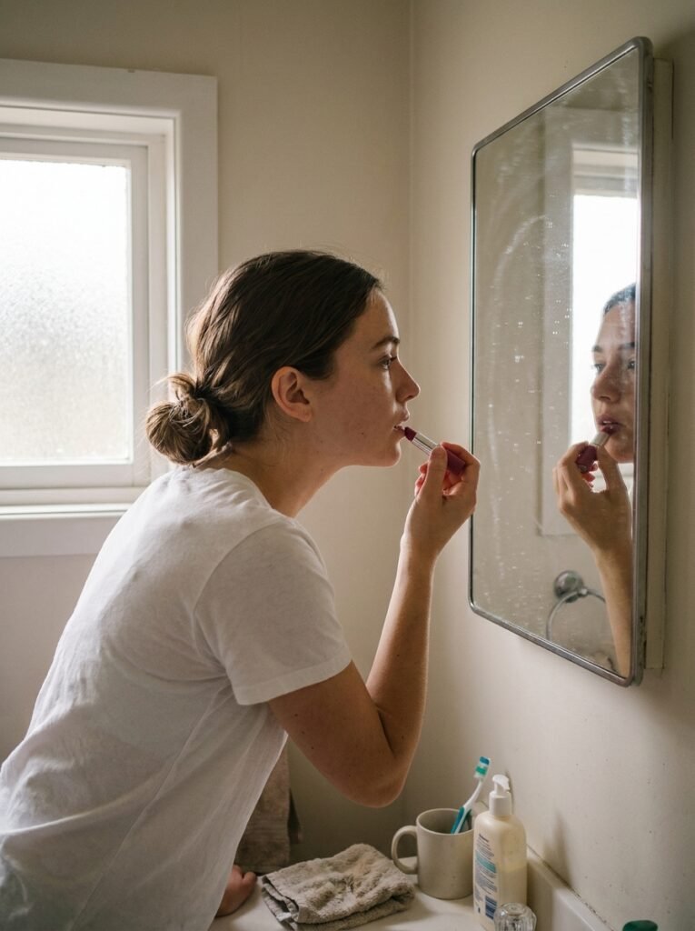 Woman tracing her face shape on a bathroom mirror with lipstick