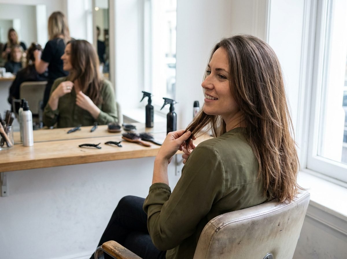 Woman checking her new layered hairstyle in a salon mirror