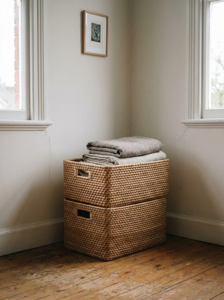 Woven storage baskets holding blankets in a tidy living room corner