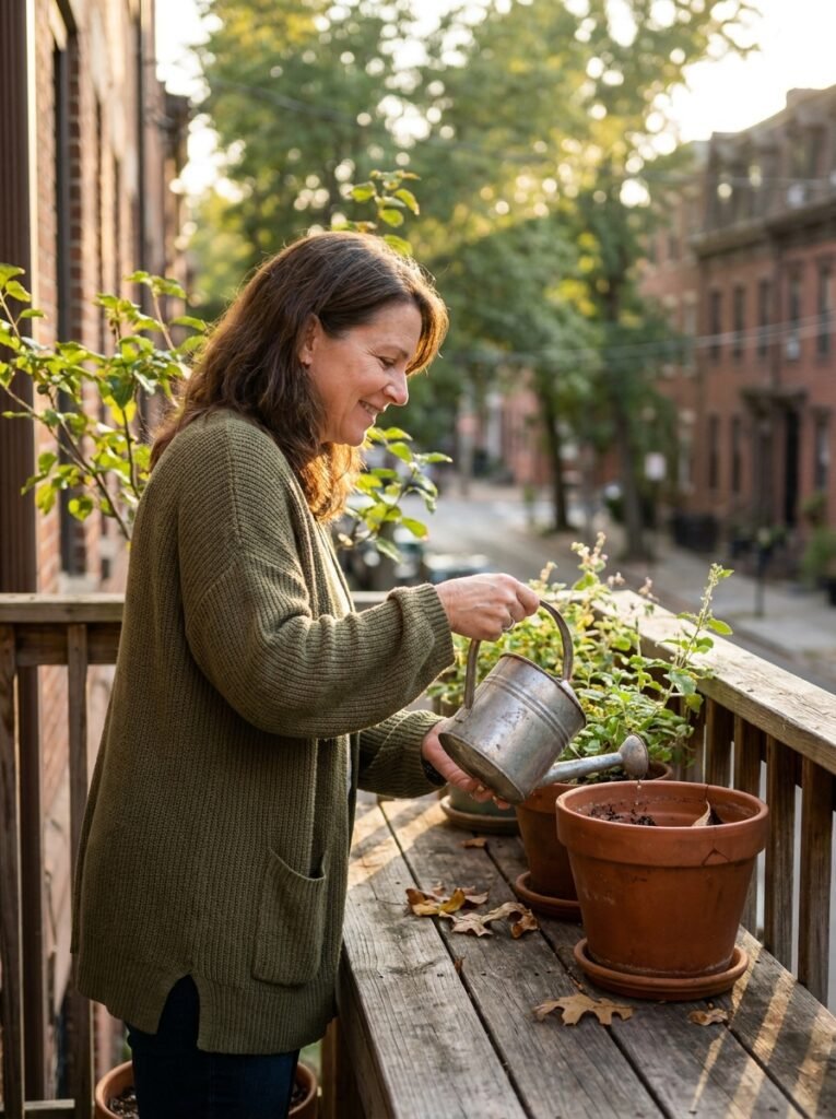 Woman watering her balcony plants in the early evening as part of a simple seasonal care routine