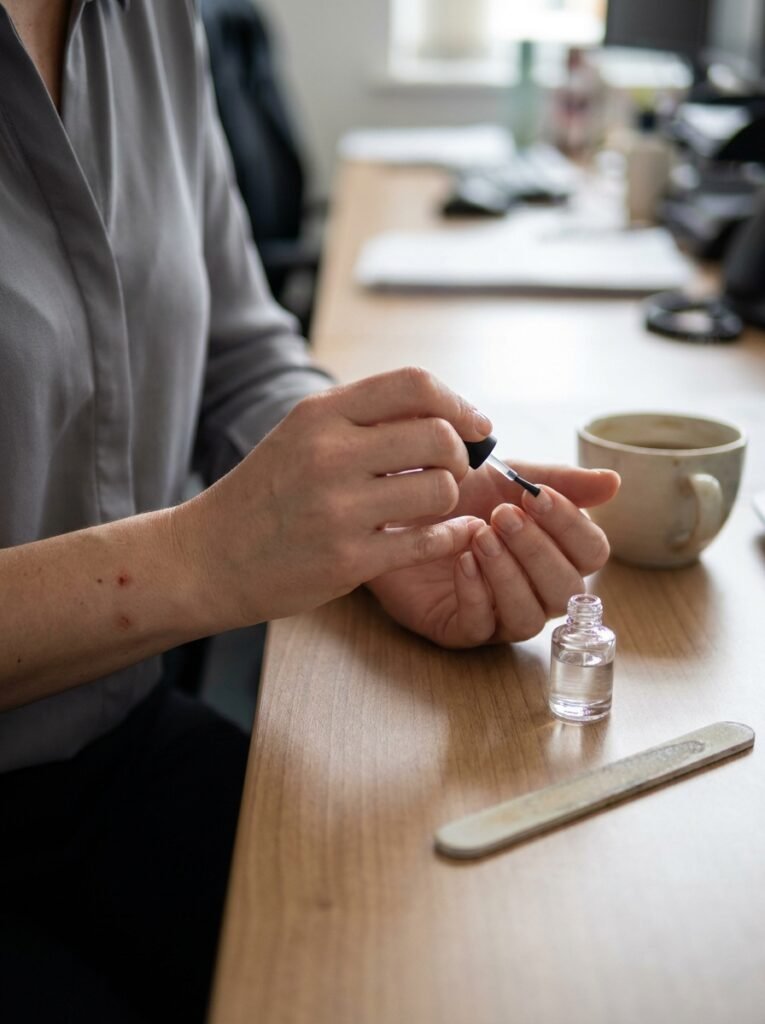 Woman applying a glossy top coat to her nails at an office desk midweek
