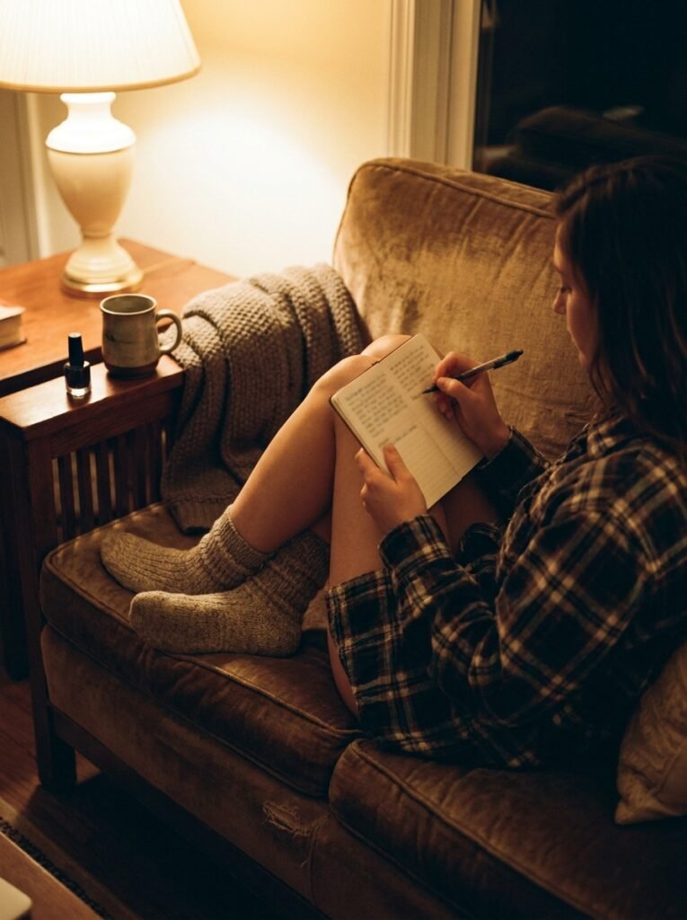 Woman updating her nail polish journal on the sofa in the evening