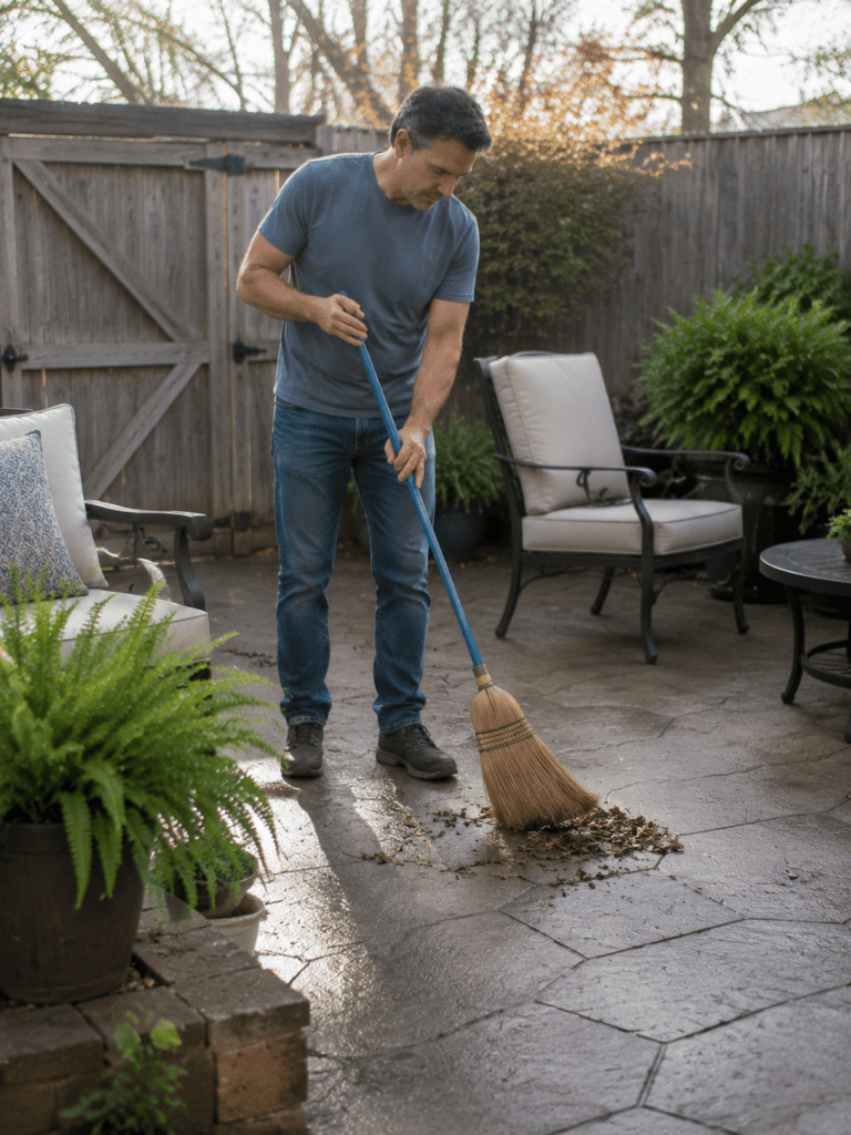 Man sweeping a backyard patio to keep the decorated space clean and inviting