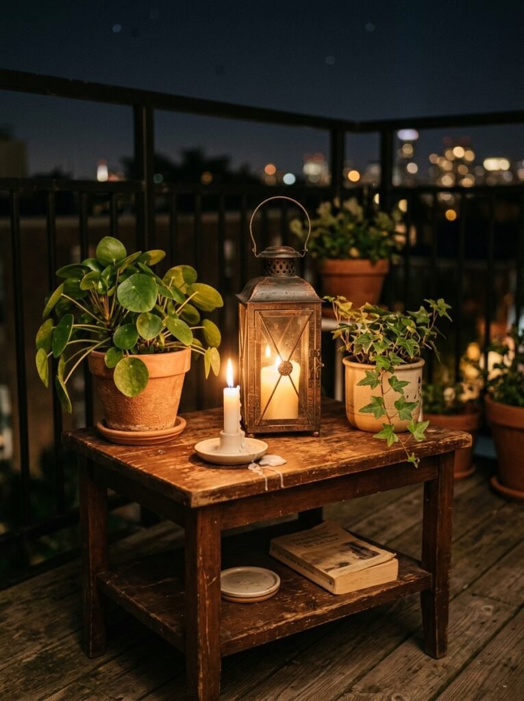 A lantern and a lit candle creating low warm light on a small balcony table at night