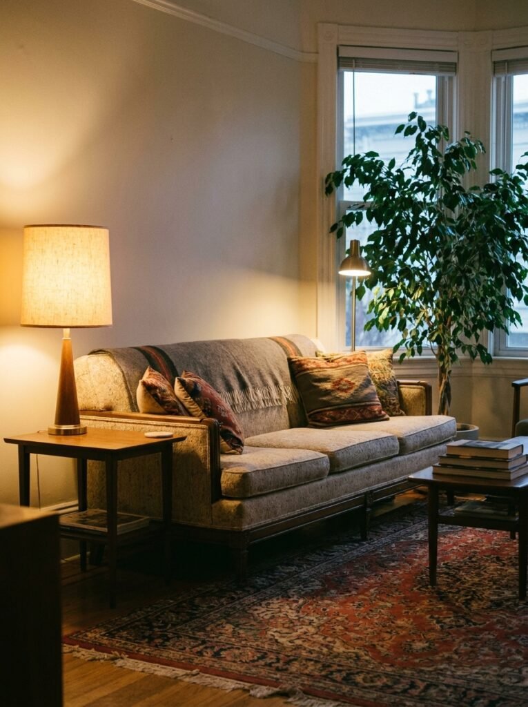 Balanced cozy living room with layered textures warm light and plants