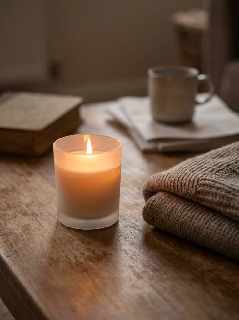 Scented candle glowing softly on a wooden coffee table at dusk