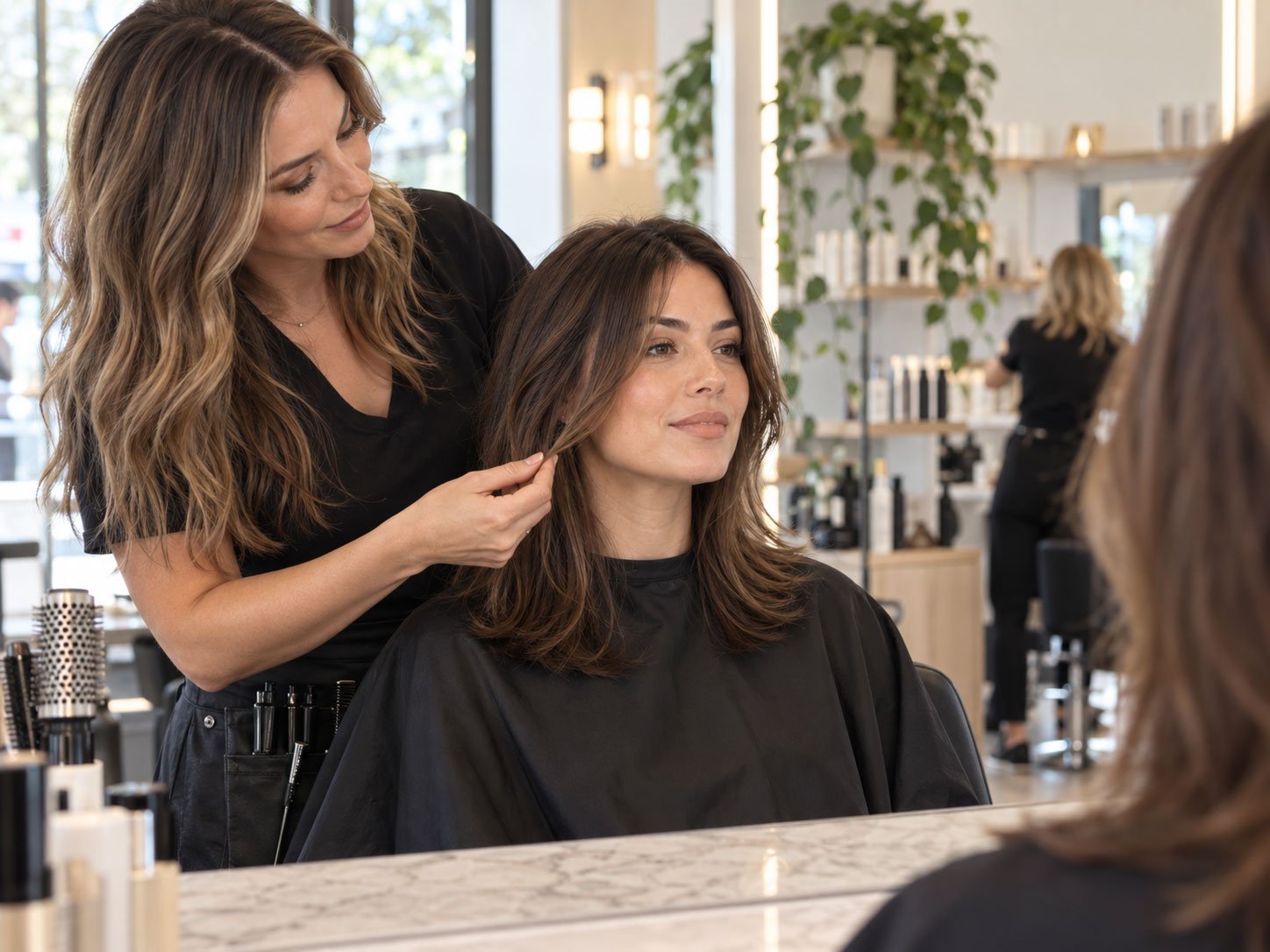 Hairstylist showing a client where soft face framing layers could begin near her jaw