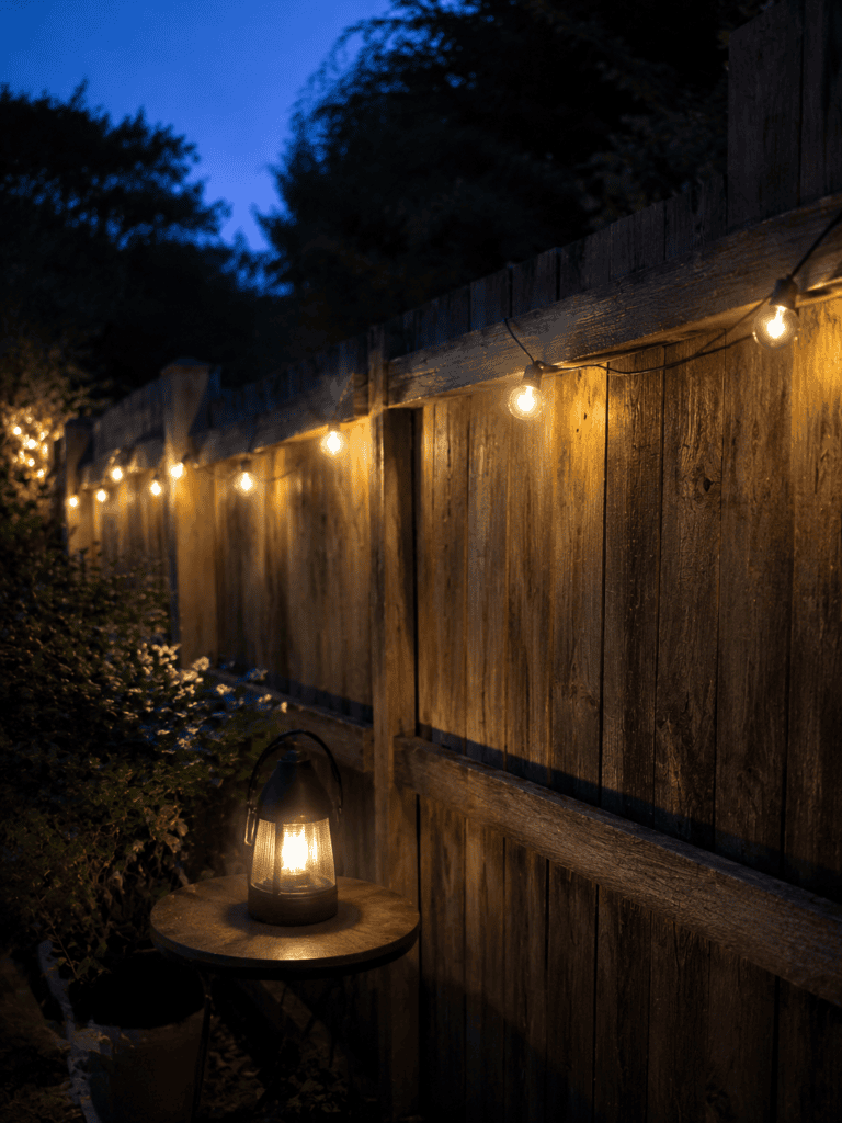 Warm string lights glowing on a backyard fence at dusk for patio ambiance