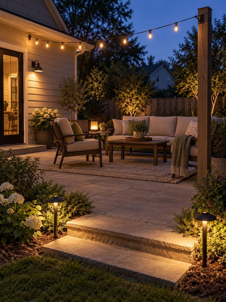 Backyard patio at dusk with warm string lights, a table lantern and subtle path lighting
