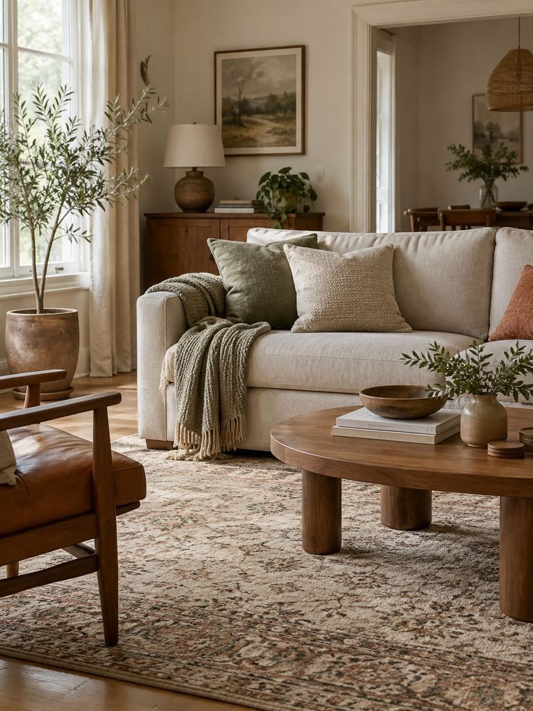 Neutral sofa with a woven throw, rust cushion, area rug and warm wood coffee table